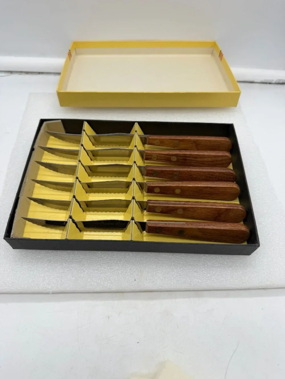 NOS Tel-Tru Stainless Steel Steak Knife Set of Six Wood Handles